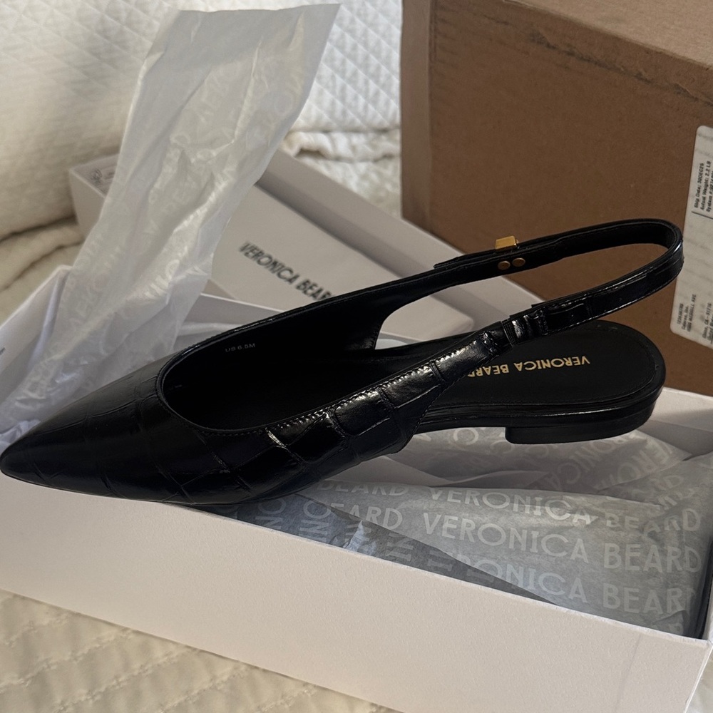 Brand New Veronica Beard Black Croc-Embossed Slingback Flats